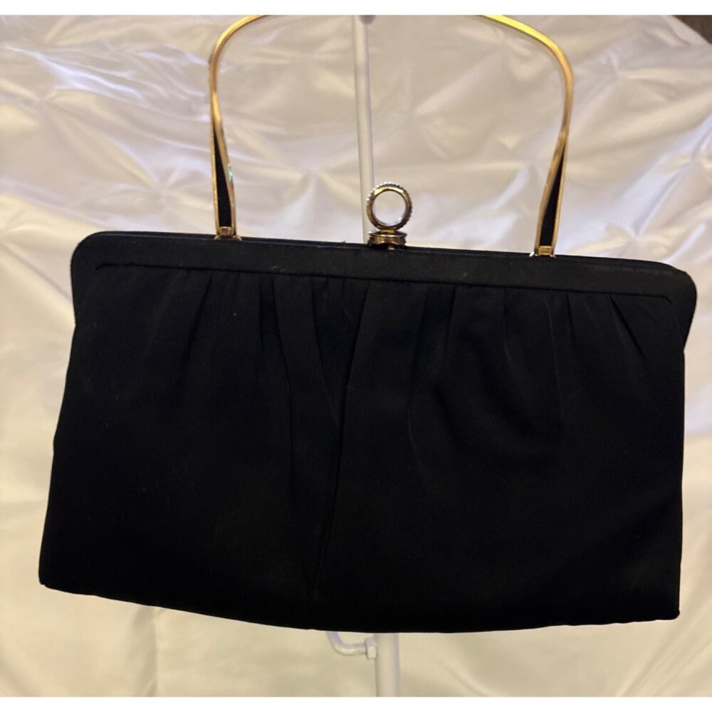 Vintage After Five Black Satin Evening Bag With Gold-Tone Handle & Snap Closure